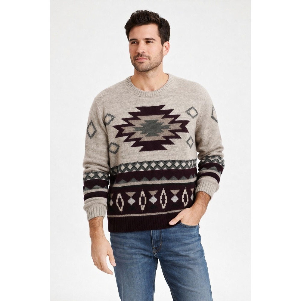 Scandi tribal southwestern American Eagle Sweater Mens XL Tan Aztec heritage Y2K